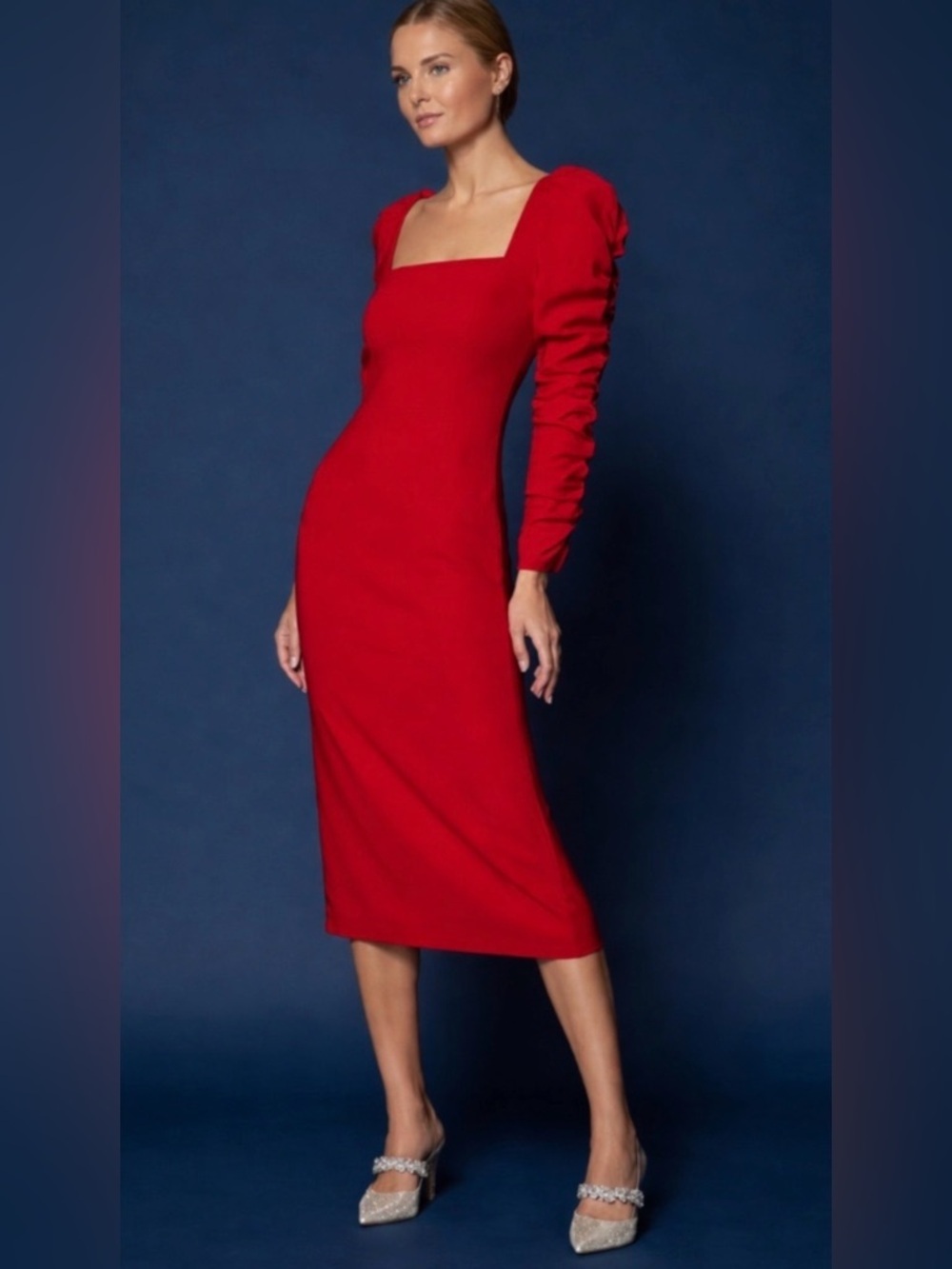 Elena Crepe Square Neck Long Ruched Sleeves Midi Dress - Picture 2 of 7